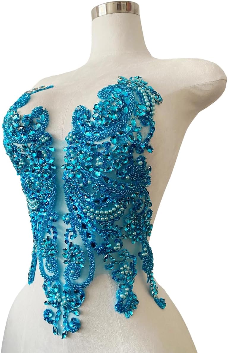 Hand-Made Beaded Rhinestons DIY Clothing Appliques Patch sew on Decoration Flower Applique Dress Accessories (Sky Blue)
