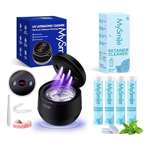 MySmile Limpiador ultrasónico de retenedores, máquina de limpieza de dentaduras postizas negras de 45 kHz con capacidad de 6.8 fl oz y limpiador de