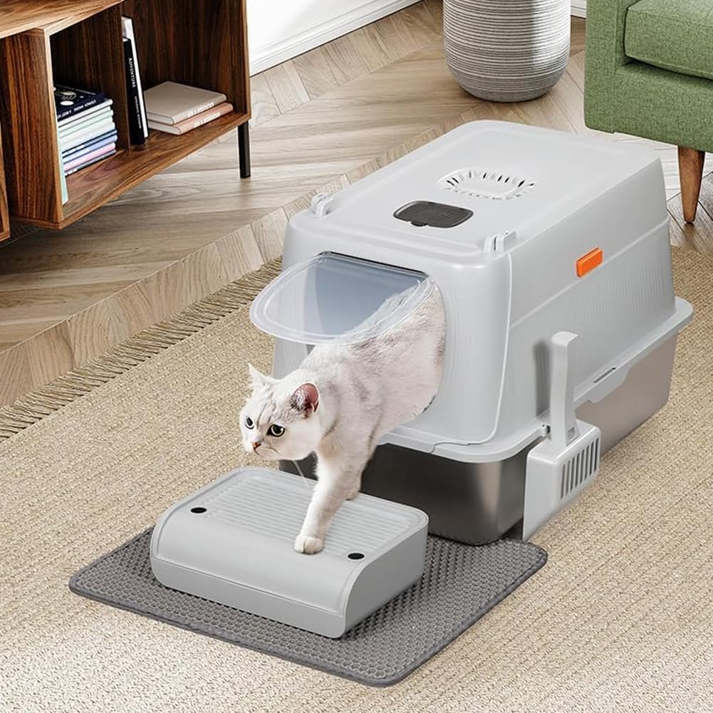 BAKAJI XXL Cat Litter Tray with Steel Base 35 Litres and Anti-Sand Platform, Carbon Filter Anti Odor, Transparent Door, Scoop with Container, Anti-Dirt Mat, 60 x 40 x 39 cm