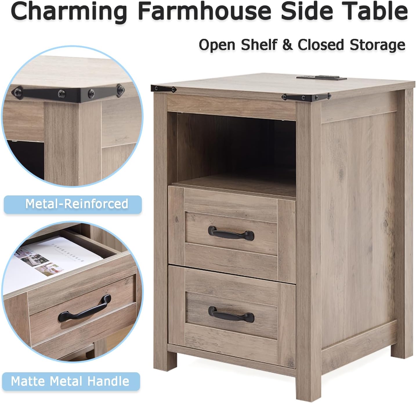 Sierra Night Stand Set of 2, Rustic End Table with Charging Station, Farmhouse Tall Nightstand for Bedroom, Drawer Dresser Bedside Table with Open Storage Shelf