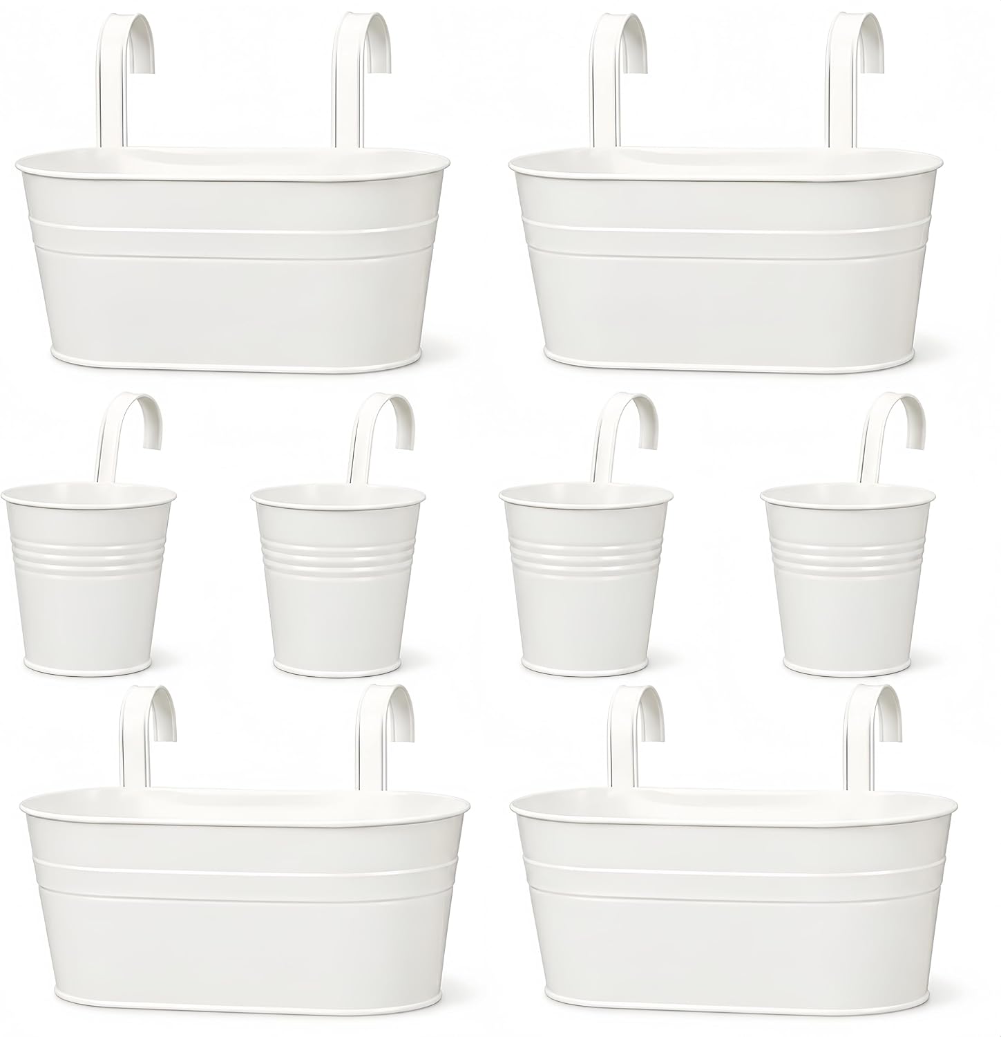 Tessco 4 Pcs 5.3"x10.8" Metal Iron Hanging Flower Pots and 4 Pcs 3.9" Balcony Bucket Planter for Railing Fence White Window Plant Holder Indoor Outdoor Garden Home Decoration with Detachable Hooks