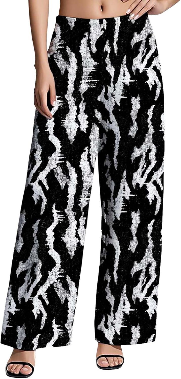 Womens Wide Leg Pants Plus Size High Waisted Pattern Print Lounge Trousers Classic Basic Comfy Work Office Pant