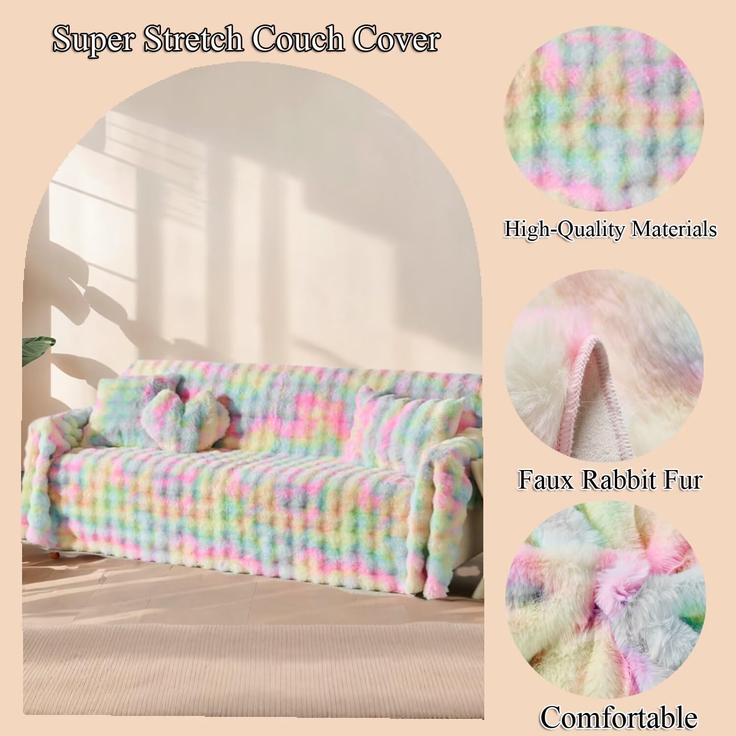 3D Bubble Mat Faux Fur Couch Cover,Thick Faux Rabbit Fur Couch Cover,L Shaped Sofa Slipcovers for Home Decoration and Dogs,Cats(Rainbow, 71" x 134")