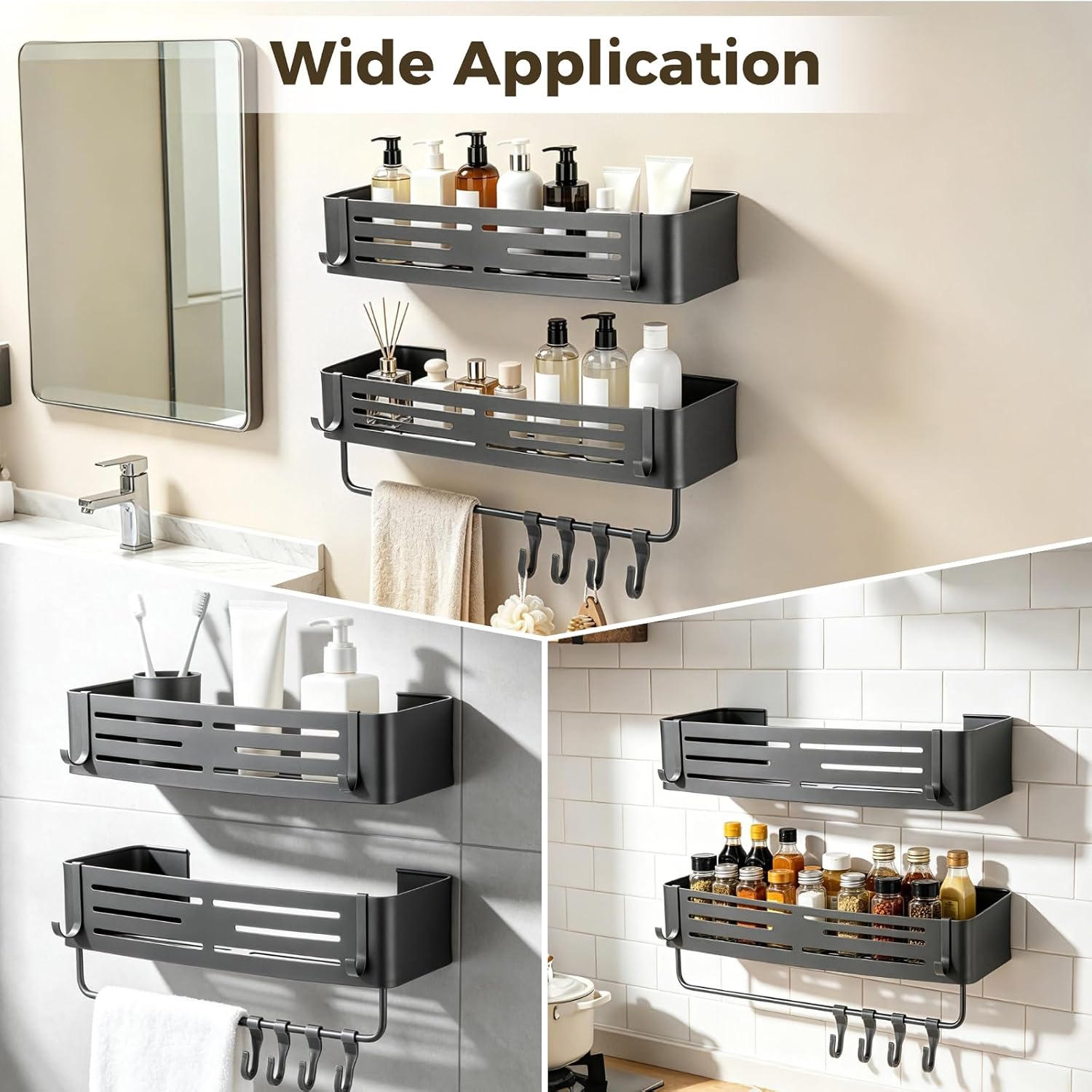 2 Pcs Square Shower Caddy, Double-Layer Adhesive No-Drilling Aluminum Organizer, Gray Wall Mount Bathroom Shelves with Sticky Hooks & Towel Bar, Space-Saving for Shower & Kitchen