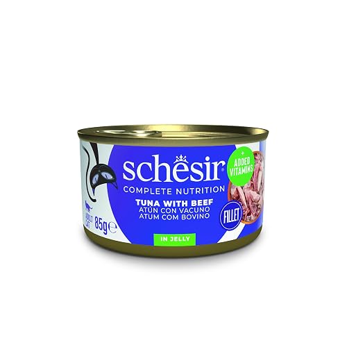 Schesir Atún con Ternera en Gelatina, Comida Húmeda para Gatos, en Latas, 100% Natural, con Vitaminas Añadidas
