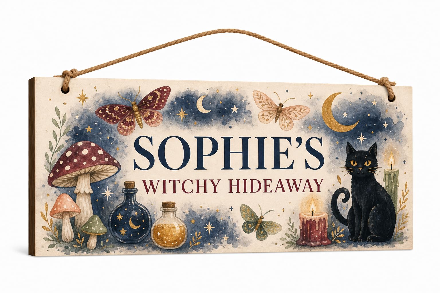 Personalised Cottage Witch Wooden Plaque Cosy Witchy Hideaway Sign