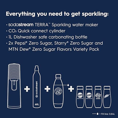 Miniatura 3 de SodaStream Terra - Paquete para hacer agua con gas en negro, incluye CO2, botella de carbonatación y Pepsi Zero Sugar, Starry Zero Sugar y MTN Dew