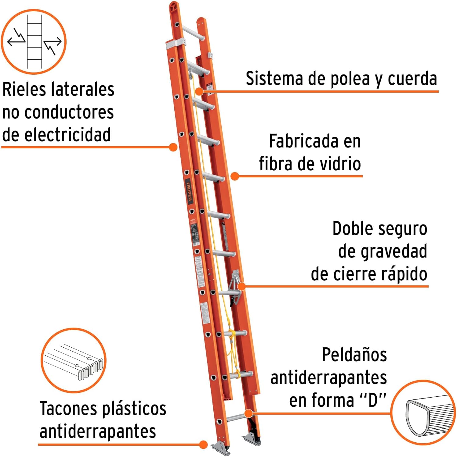 Extension ladder, type II, 20 steps, fiberglass