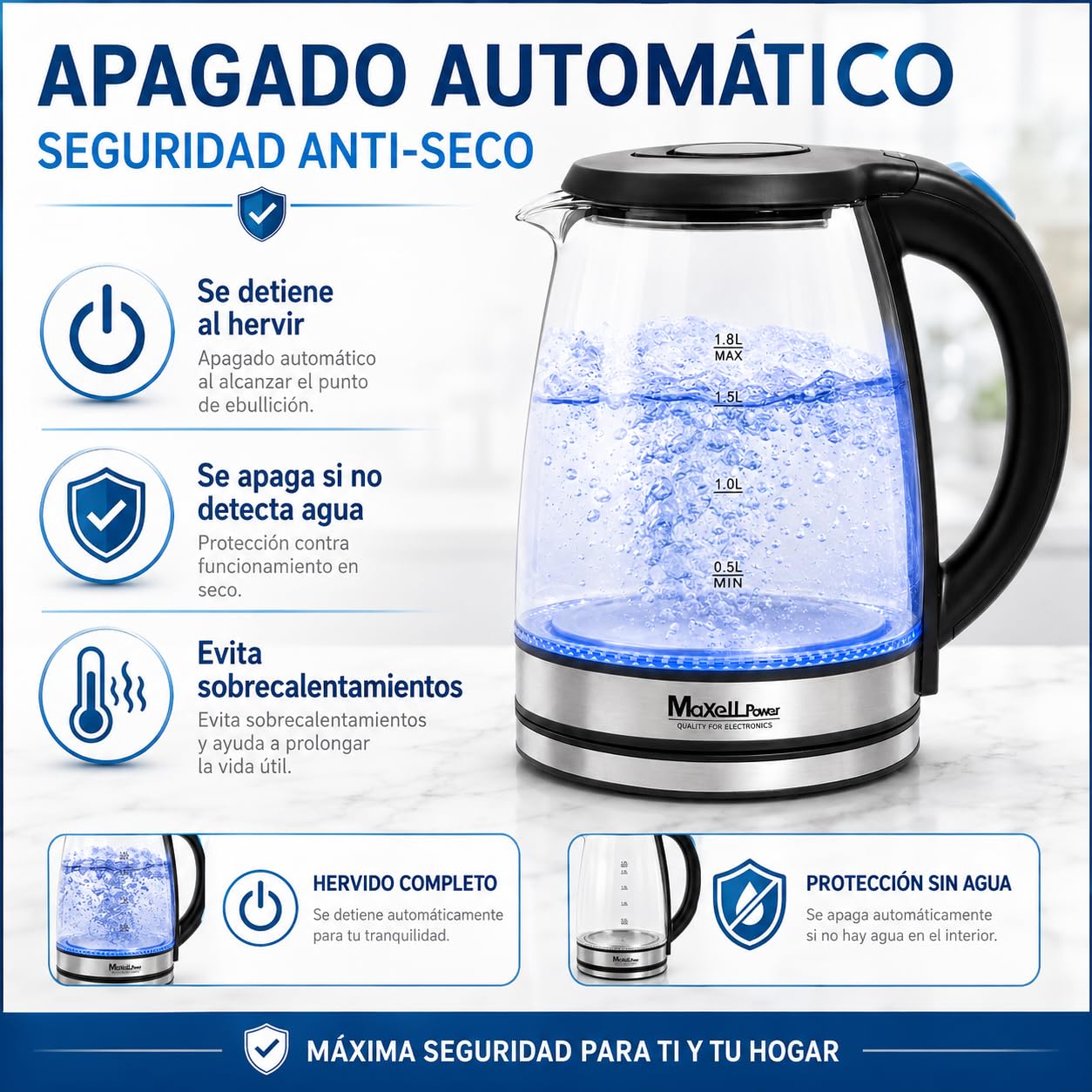 MAXELLPOWER HERVIDOR DE AGUA HERVIDORA ELECTRICA CAPACIDAD VIDRIO CRISTAL TEMPLADO 1500W LED FUNCIONAMIENTO APAGADO AUTOMATICO ACERO INOXIDABLE RESISTENCIA OCULTA DISPONIBLE 2 TAMAÑOS (1,8L)