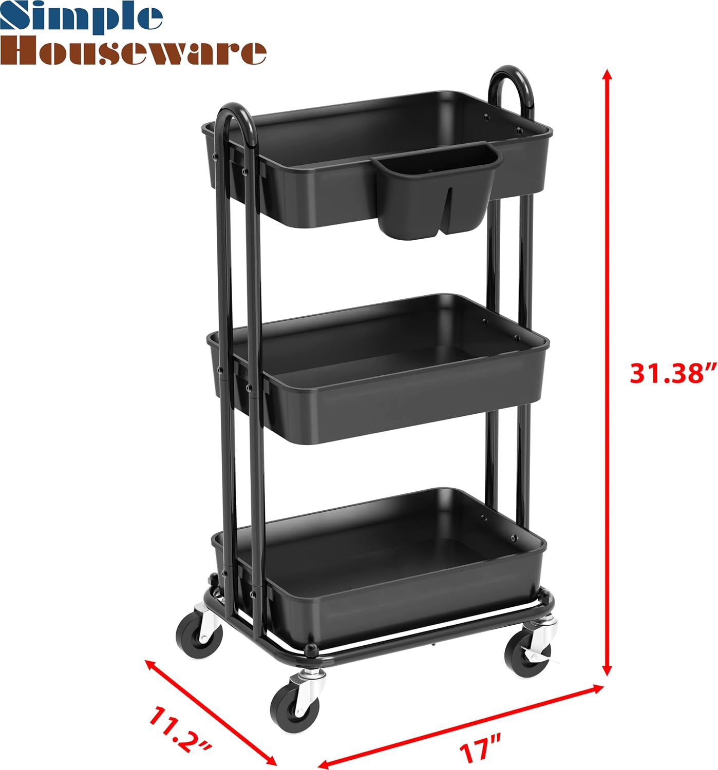 Simple Houseware 3-Tier Rolling Utility Cart with Hanging Bucket, Black image 3
