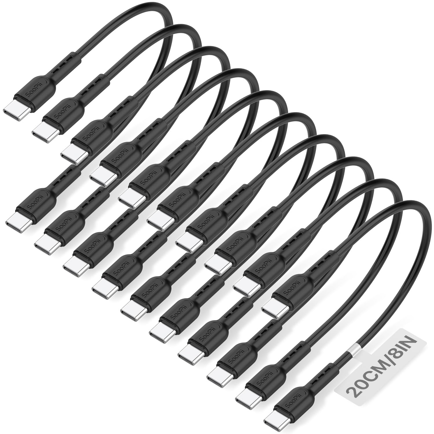 SooPii 10er-Pack 20 cm USB-C-auf-USB-C-Kabel, 60 W kurzes Typ-C-Schnellladekabel für lPhone 16/15, Pro/Plus/Pro Max, Galaxy S24/S23, für lPad, MacBook, Ladestation und Powerbank-Zubehör (Schwarz)