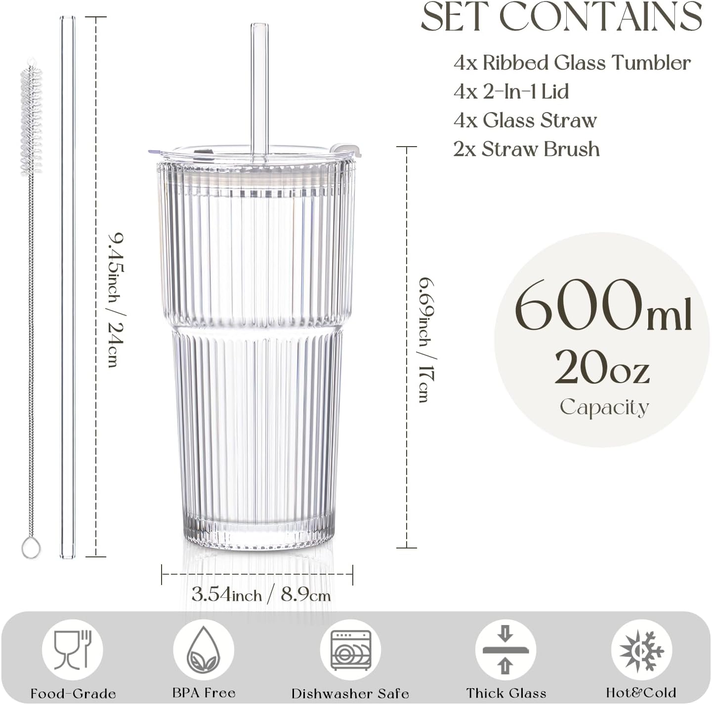 KEMORELA 4-Pack 20 oz Ribbed Glass Tumblers with Lids and Glass Straws – Vintage Iced Coffee Cups, Reusable Smoothie & Cocktail Drinking Glasses, Clear Glassware for Home or Cafe