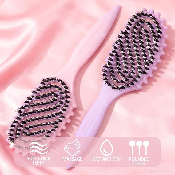Boar Bristle Hair Brush, 2-Pack S-Shape Styling & Smoothing Set | S-shape boar bristle brush: tames flyaways & frizz, anti-static for any hair; sleek ponytails & edges. 2pc, Pink & Purple.
