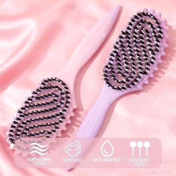 Boar Bristle Hair Brush, 2-Pack S-Shape Styling & Smoothing Set | S-shape boar bristle brush: tames flyaways & frizz, anti-static for any hair; sleek ponytails & edges. 2pc, Pink & Purple.
