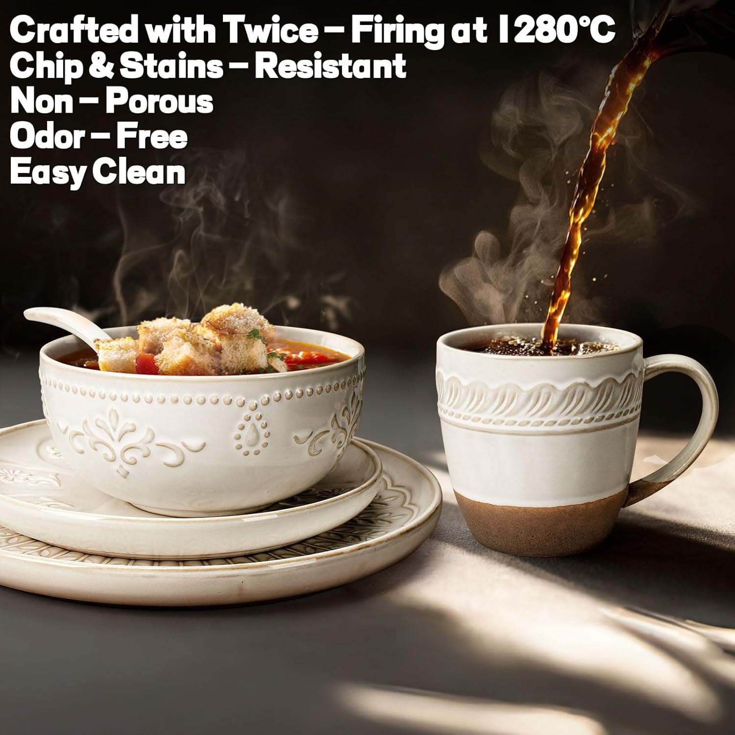 Artena Small Bowls Set of 4, 12 oz Ceramic Embossment Dessert Bowls, white Bowl for Kitchen, Ceramic Coffee Mugs Set of 4, 16oz Embossed Large Latte Mugs Coffee Cups with Handle