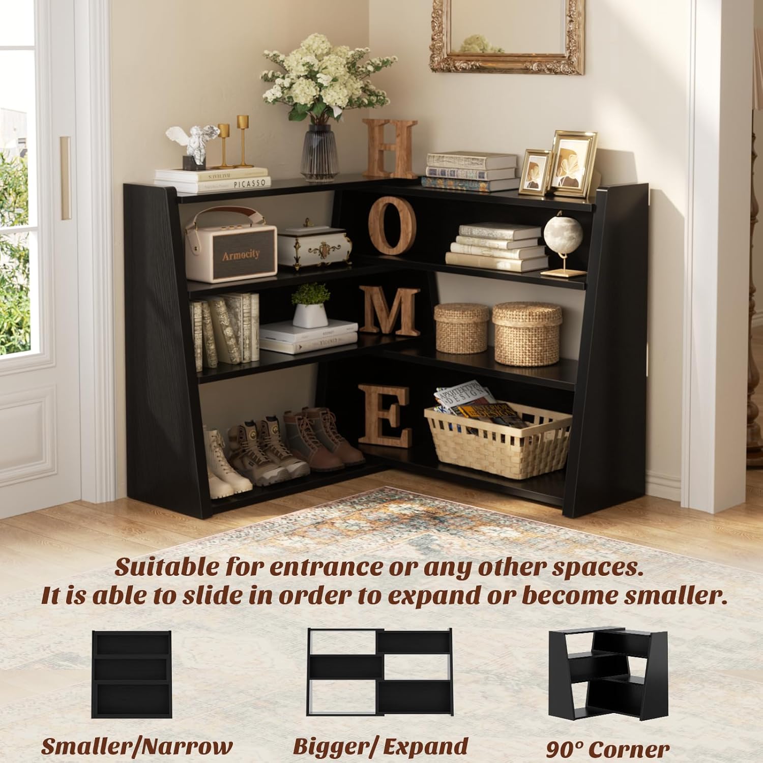 Armocity Expandable Bookshelf, Short Corner Bookshelf for Small Spaces, Small Ladder Book Shelf, Extendable Wood Narrow Bookcase for Living Room, Bedroom, 4 Tier, Black