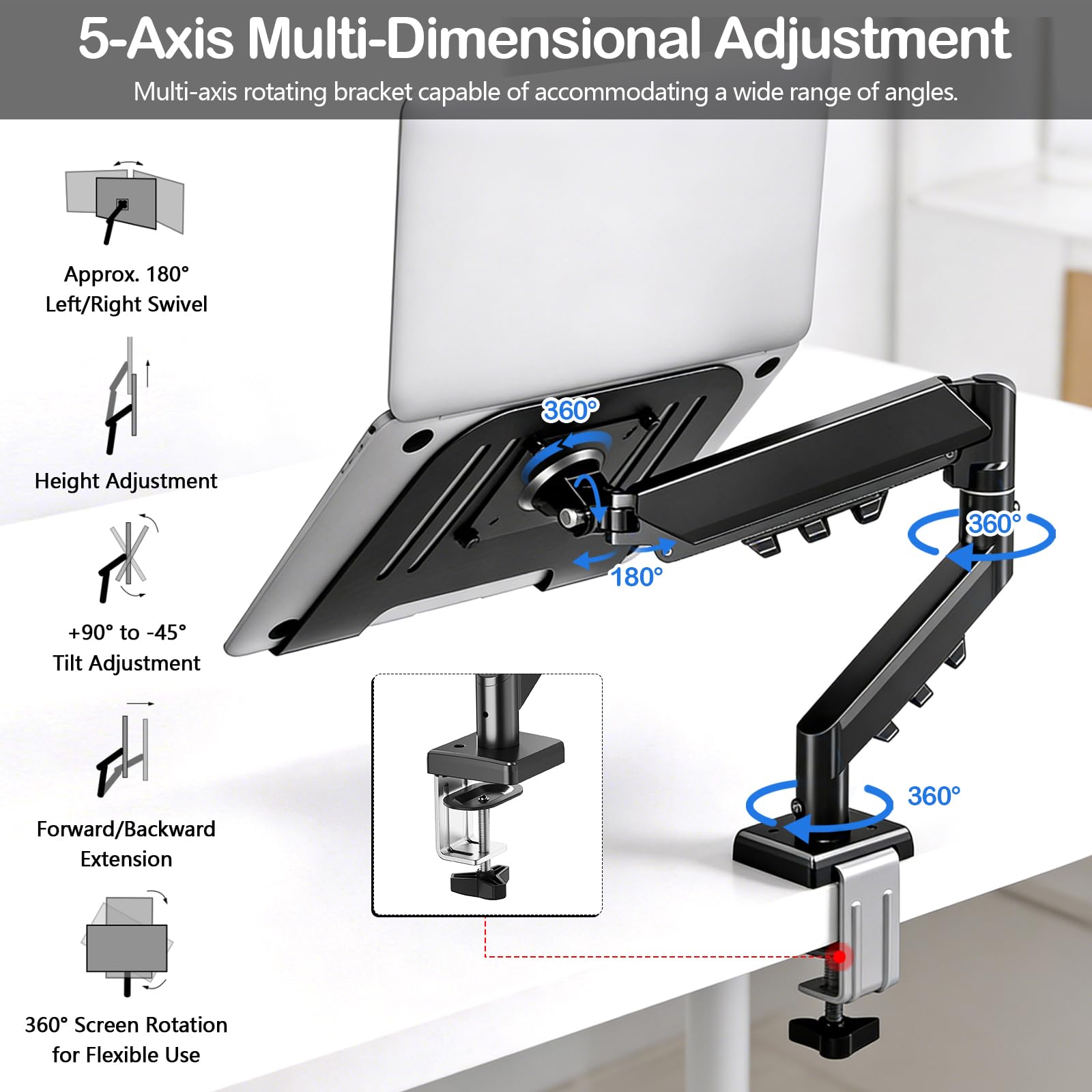 Supporto Per Monitor, Supporto A Parete In Metallo Per Laptop Girevole A 360° Braccio Per Monitor Laptop Computer Universale Per Notebook Da 12–18" E Schermi Da 17–32" Fino A 10 Kg