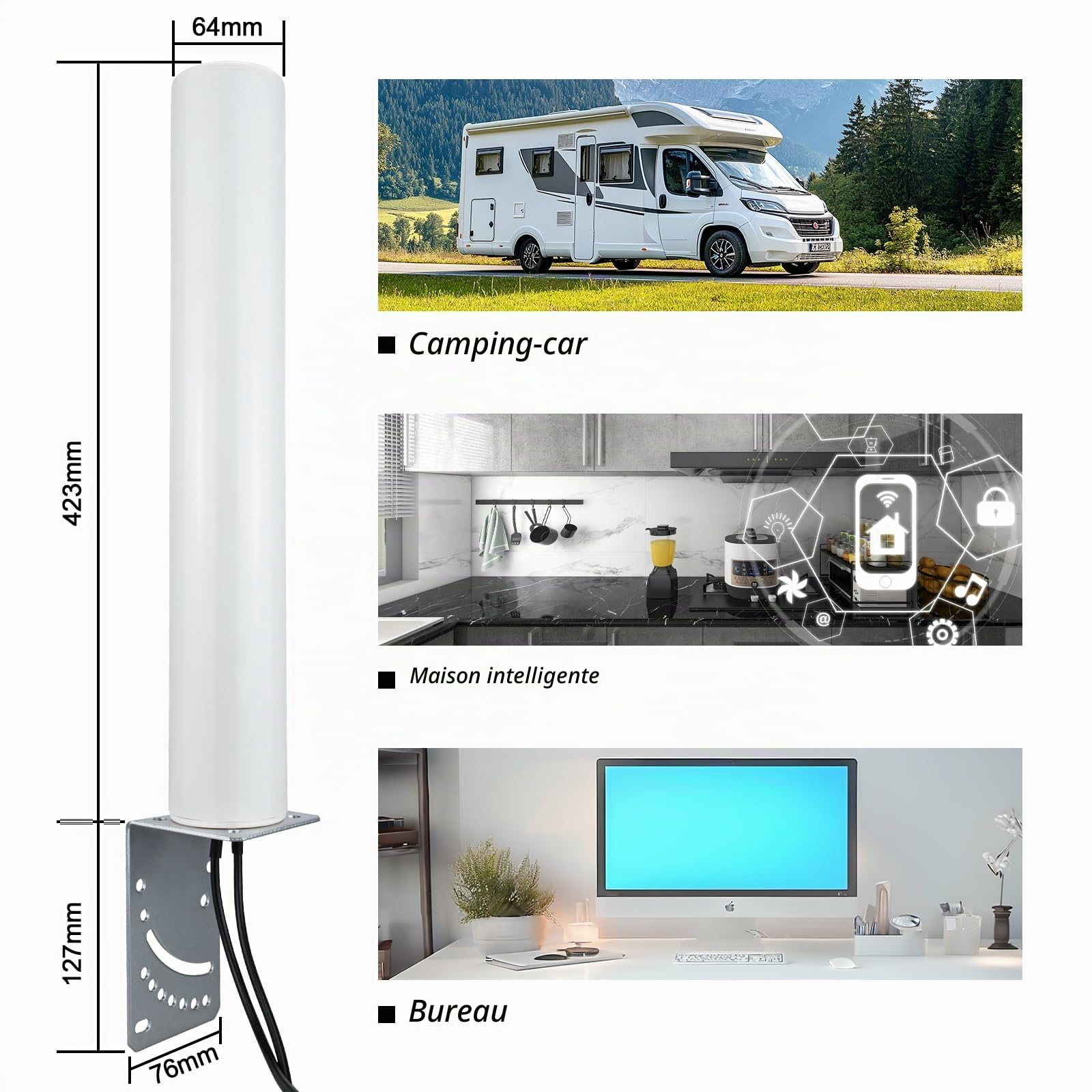 Antenne 4G LTE Exterieur Omnidirectionnel Connecteur SMA Mimo Omnidirectionnel 5M 14dBi 600-2700MHz 3G/4G LTE Antenne SMA Compatible pour Routeurs Téléphone à Domicile sans Fil Hotspot Mobile