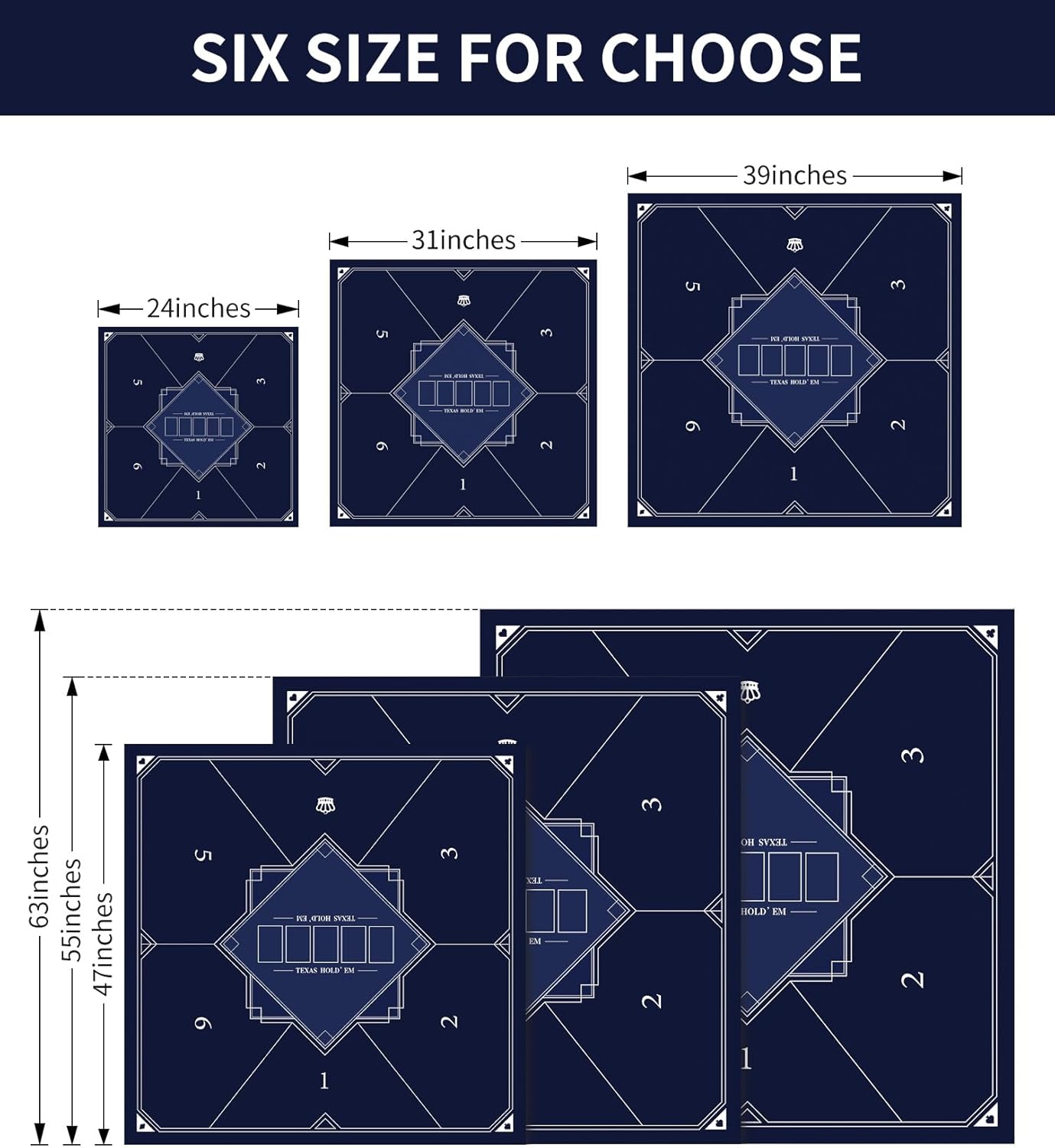 nuveti 24/31/39/47/55/63 inch square foldable 6-player texas poker card tabletop layout portable anti-slip rubber board game mat texas hold'em poker mat for family game, casino, party fangxingtuan3 63 x 63 x 0.08 inches
