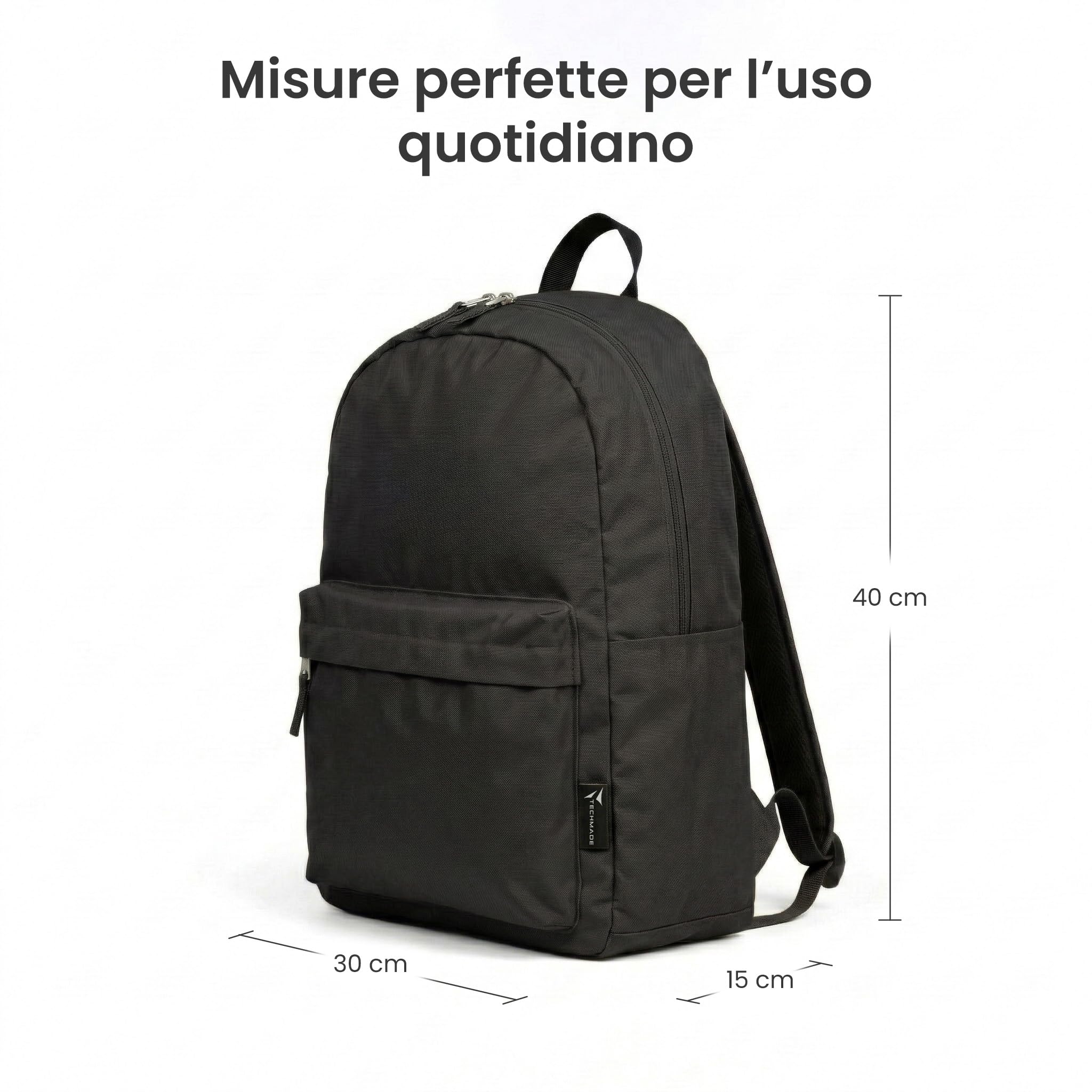 TECHMADE Zaino Scuola/Casual Unisex Multifunzionale 30x15x40 cm – IDEALE PER: Lavoro, Scuola, Ufficio, Tasche, Tempo Libero, Tasche Multiple e Cerniere Resistente - Poliestere 600D PVC (Nero)