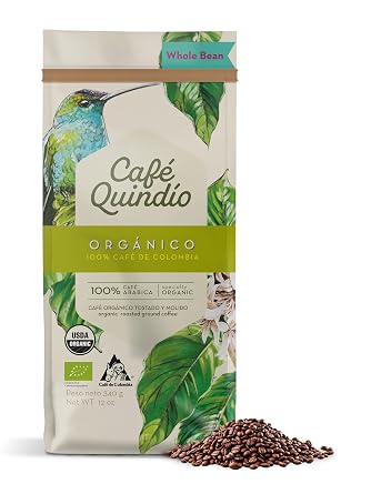 Cafe Quindio Medium Roast 100% Colombian Excelso Whole Bean Arabica Coffee - USDA Certified Organic - 12 Ounce Pack of 1