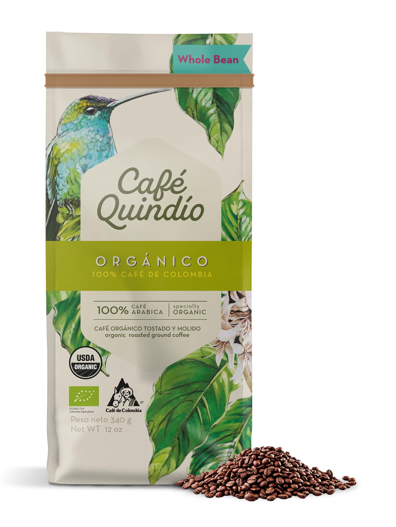 Cafe Quindio Organic, 100% Colombian Excelso Whole Bean Coffee - USDA Certified - 12 Ounce Bag (Pack of 1)