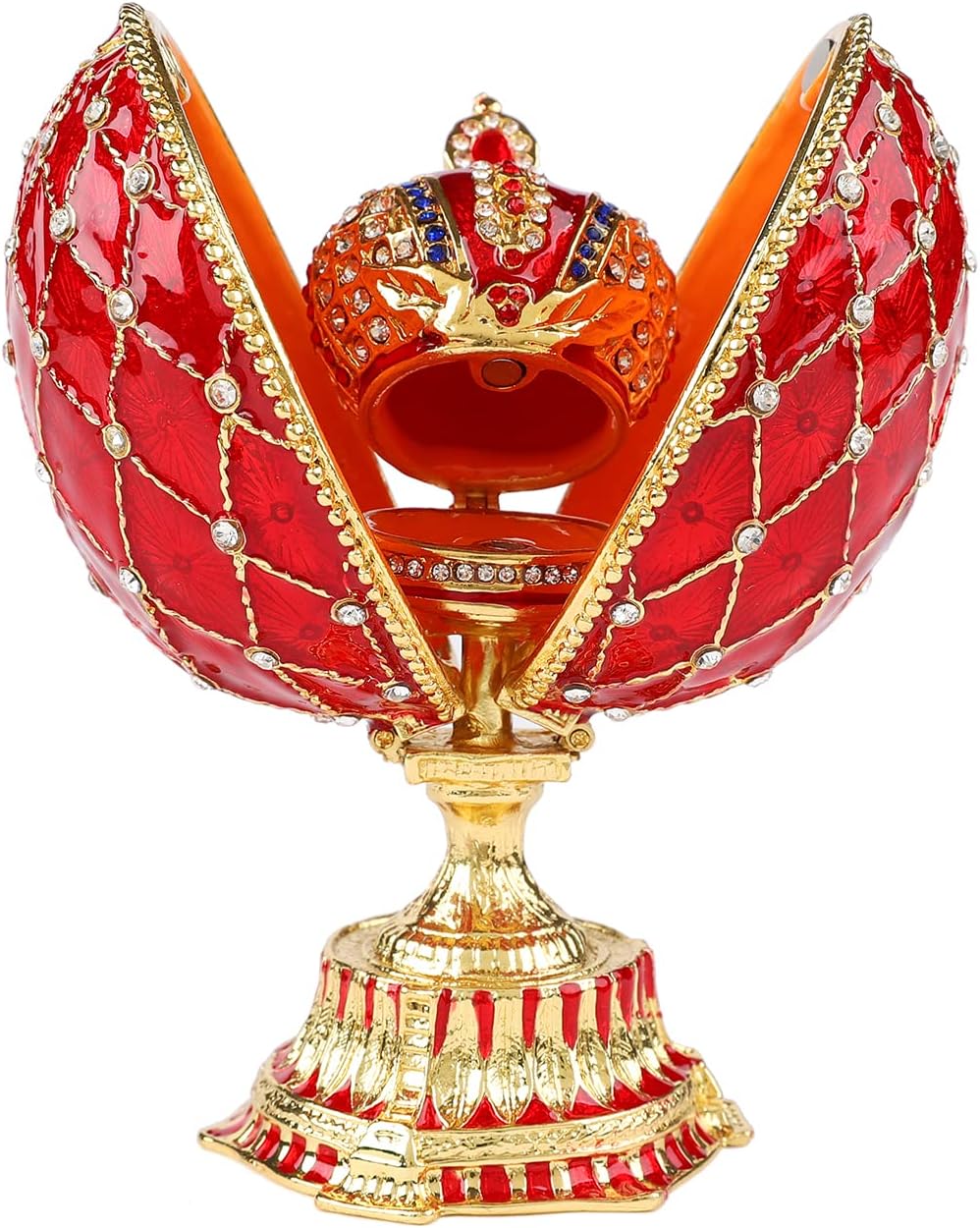 QIFU Vintage Easter Egg Style Red Enamled Trinket Box with Mini Crown Unique Gift for Family