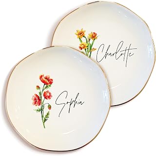 Personalized Birth Flower Name Ring Dish - Custom Ceramic Jewelry Tray for Women, Bridesmaids, Mom, Daughter - Birthday Mother's Day Gift