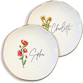 Personalized Birth Flower Name Ring Dish - Custom Floral Ceramic Jewelry Plate, Tray for Women, Bridesmaid, Daughter, Mom, Friends - Gift for Birthday, Christmas, Mother’s Day