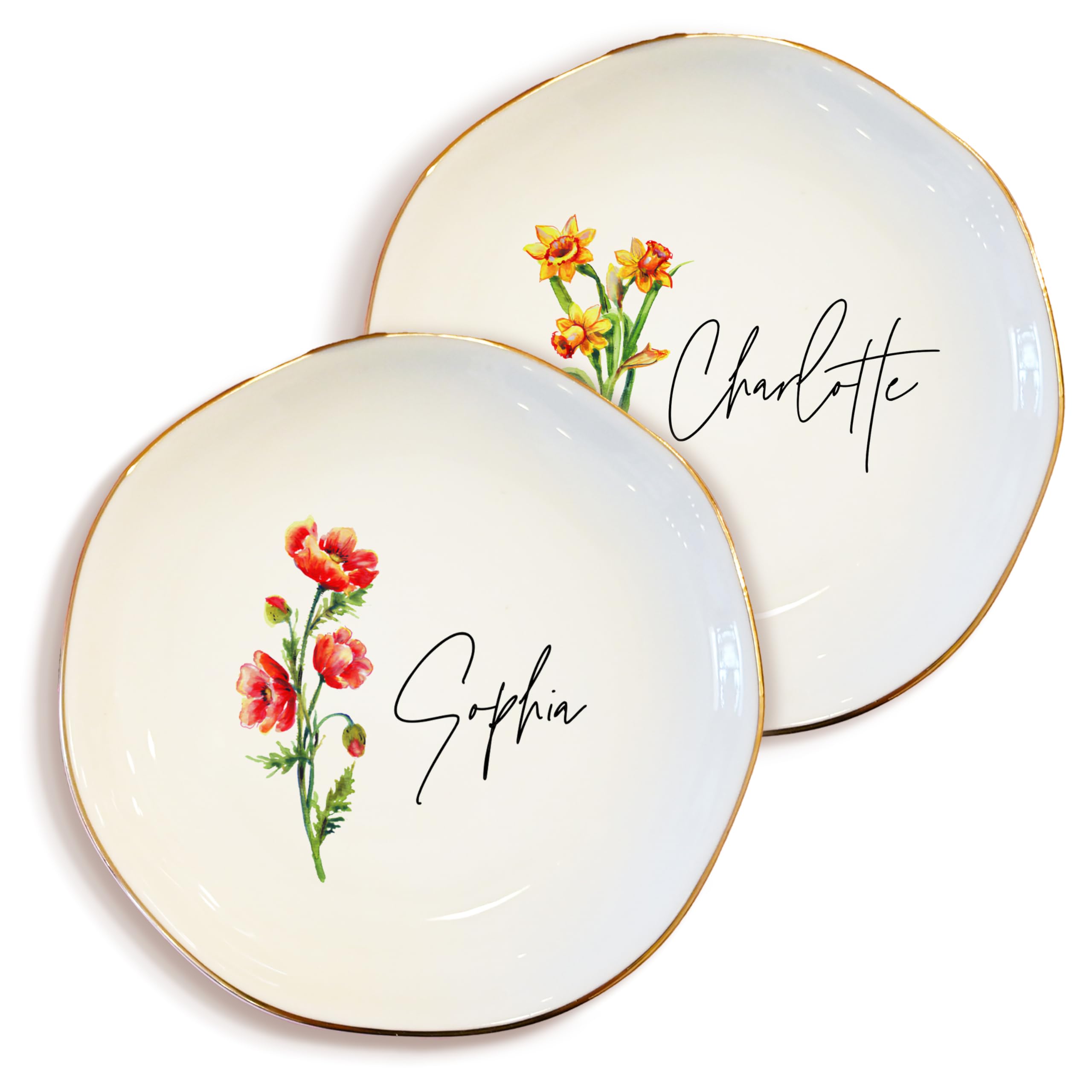 Personalized Birth Flower Name Ring Dish - Custom Floral Ceramic Jewelry Plate, Tray for Women, Bridesmaid, Daughter, Mom, Friends - Gift for Birthday, Christmas, Mother’s Day