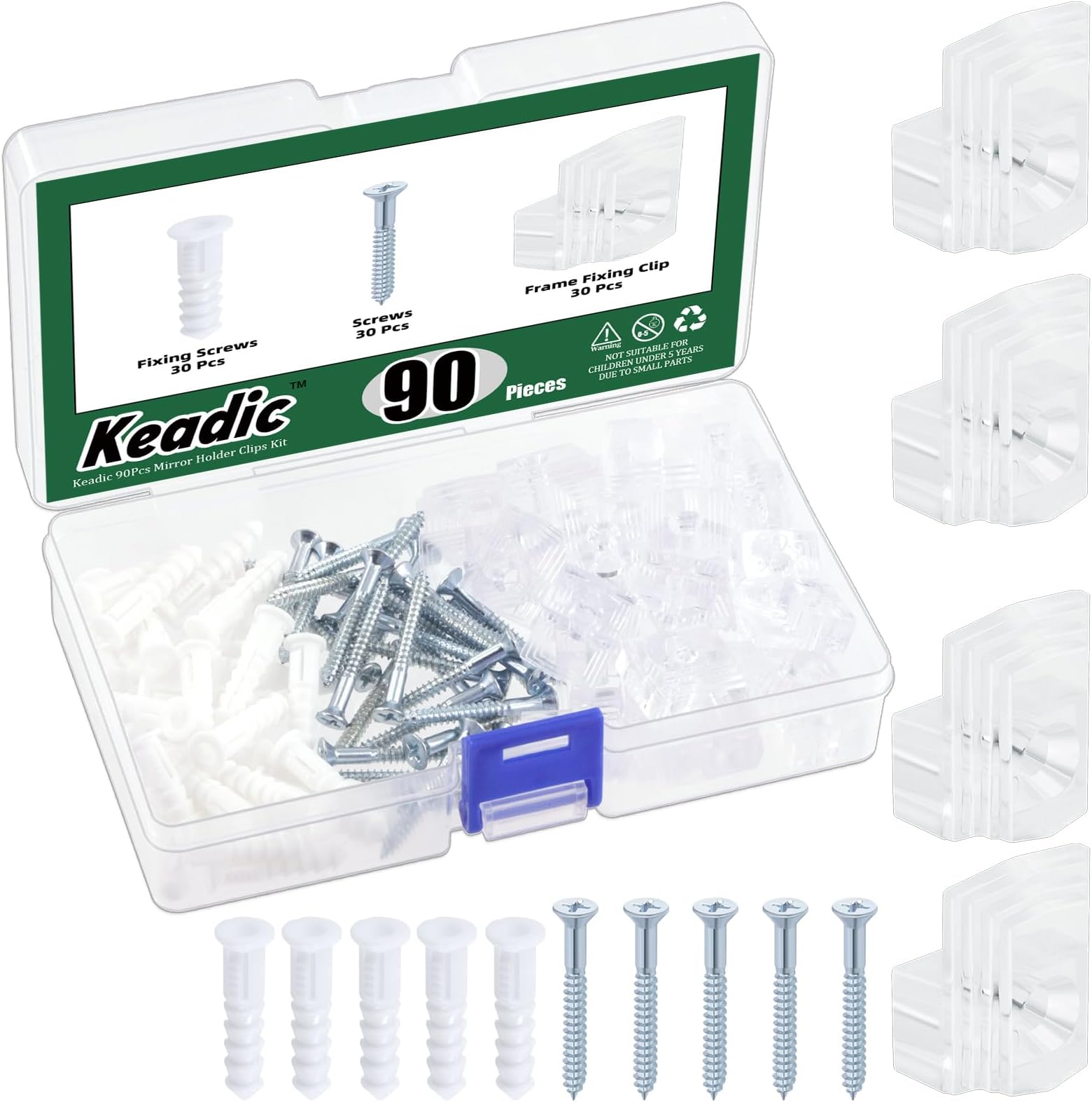 30 Pcs Mirror Holder Clips Kit,Crystal Clear Plastic Mirror Clip,Mirror Holder Clips Glass Retainer Clips Kit,Mirror Hanging kit with Screws and Fixed Mirror Box Door
