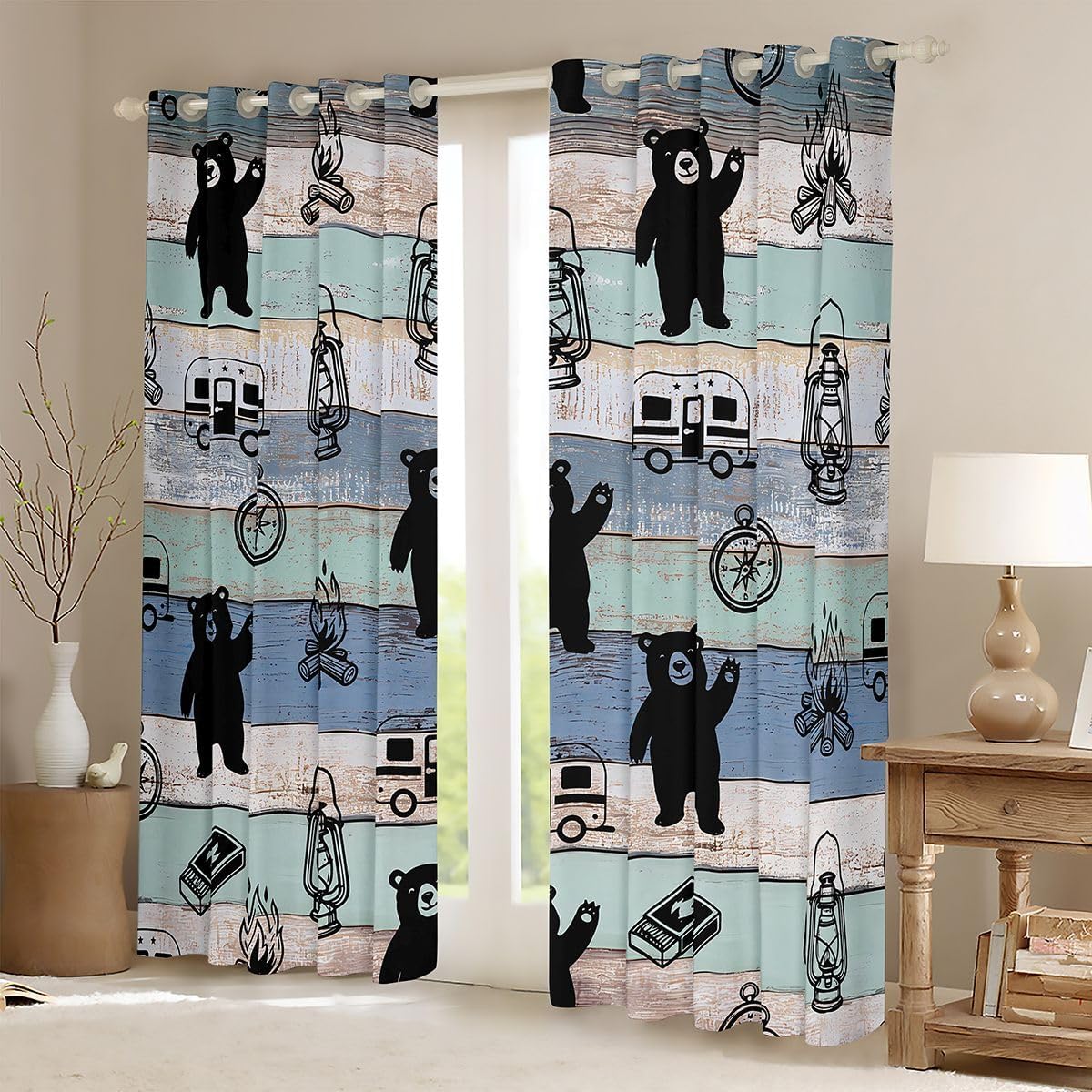 Feelyou Camper Bear Blackout Curtains Happy Camping Darkening Drapes for Bedroom Decor Rustic Cabin Country Shades Camper Accessories for Travel Trailers Window Treatments, 2 Panels 38 x 45 Inch image 2