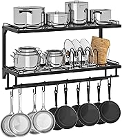 CHOEZON 2-Tier Wall Mounted Pot Rack with 10 S-Hooks & 5 Dividers - Black Metal Pan Organizer TPR35BB