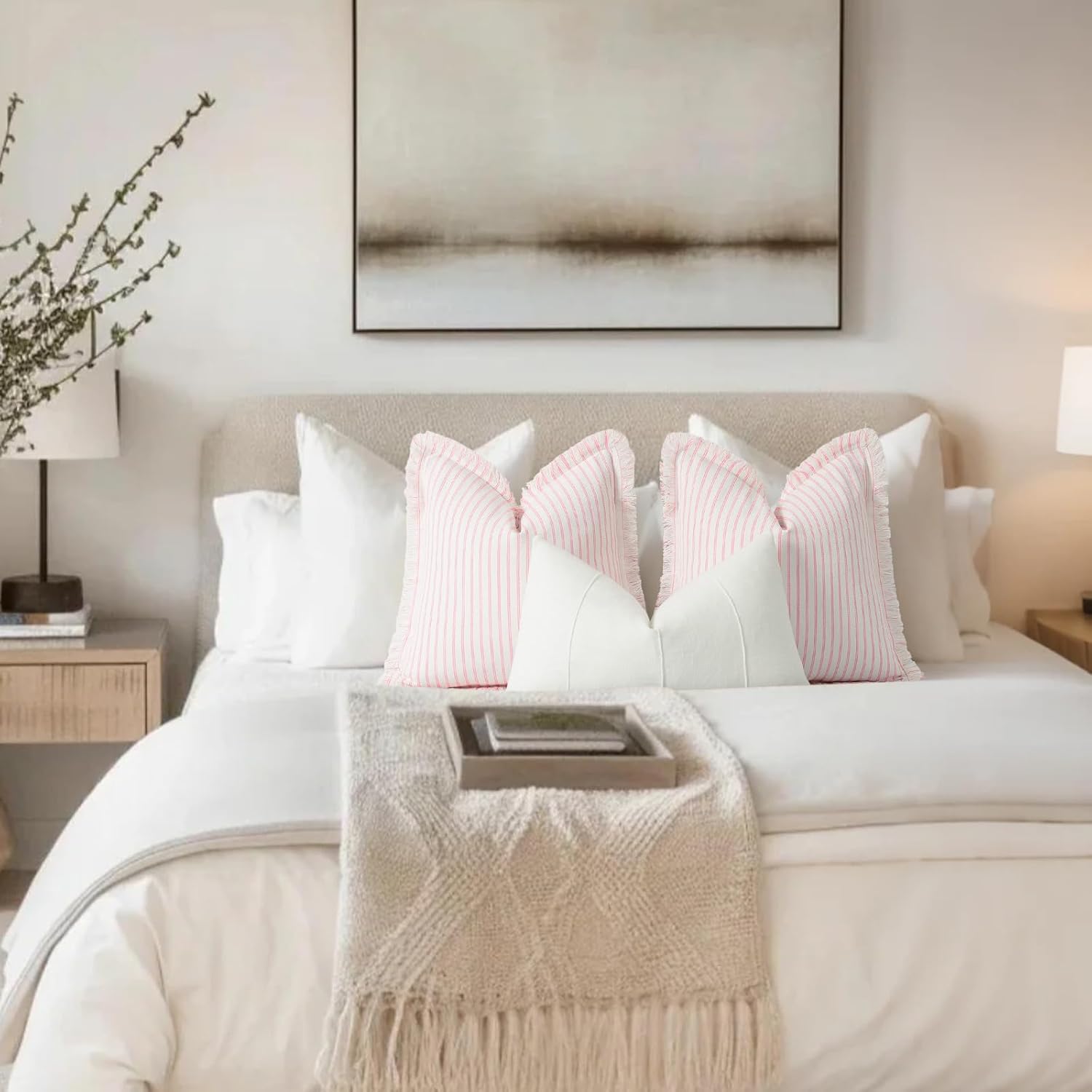 ZWJD Throw Pillow Covers 20x20 Set of 2 Striped Pillow Covers with Fringe Chic Cotton Decorative Pillows Square Cushion Covers for Sofa Couch Bed Living Room Farmhouse Decor (Pink)