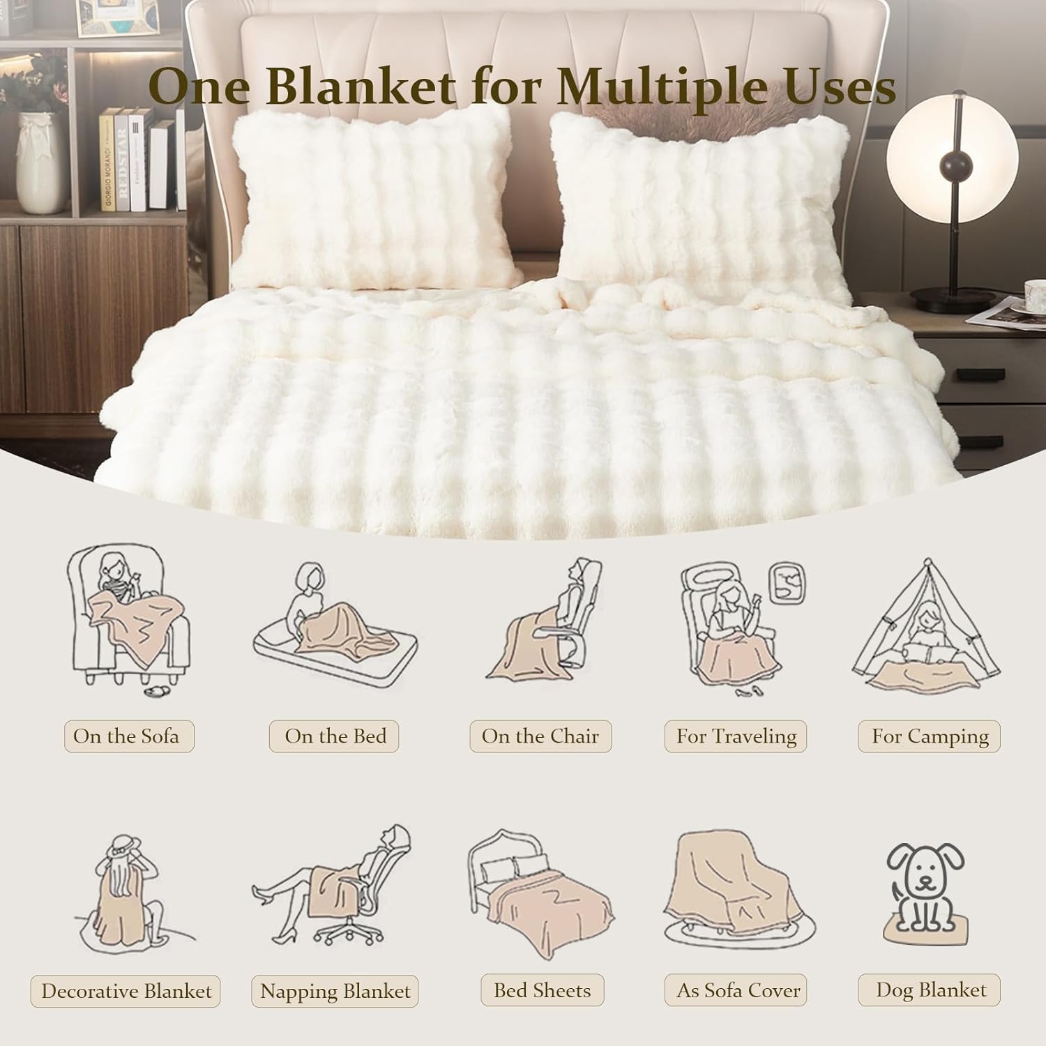 Fluffy Blanket White - Soft Throw Blanket for Couch, Fuzzy Plush Rabbit Faux Fur Blanket, Cute Cozy Blankets for Women, Thick Bubble Blankets for Bed Sofa Bedroom Living Room - 39" x 63" Small