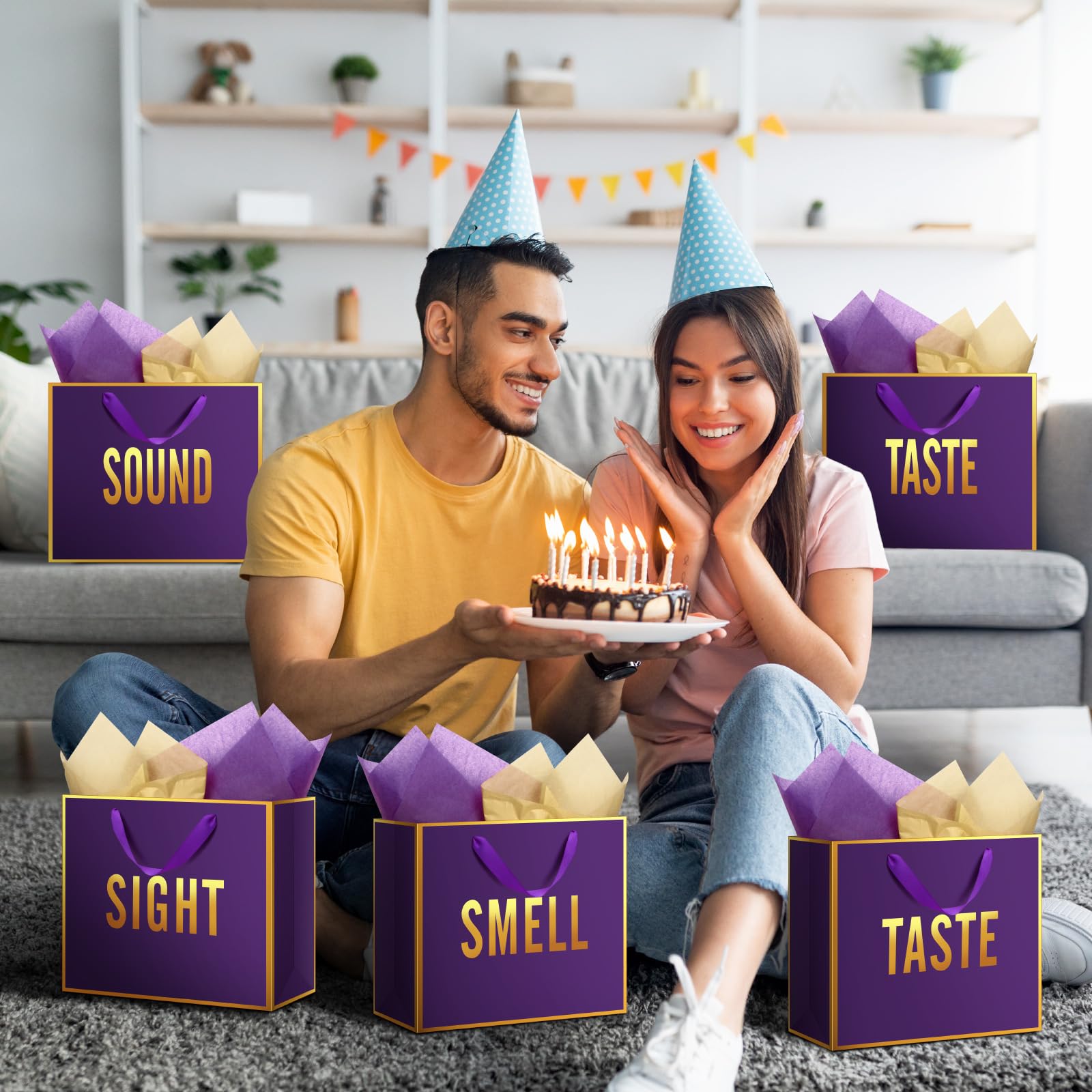 Kolldenn 5 Senses Gift Bags for Him Her Five Senses Gift Bag with Ribbon Handles and Tissue Paper Present Wrappings for Valentine Wedding Birthday Mothers Day(Dark Purple,11.8 x 10 x 4 Inch)