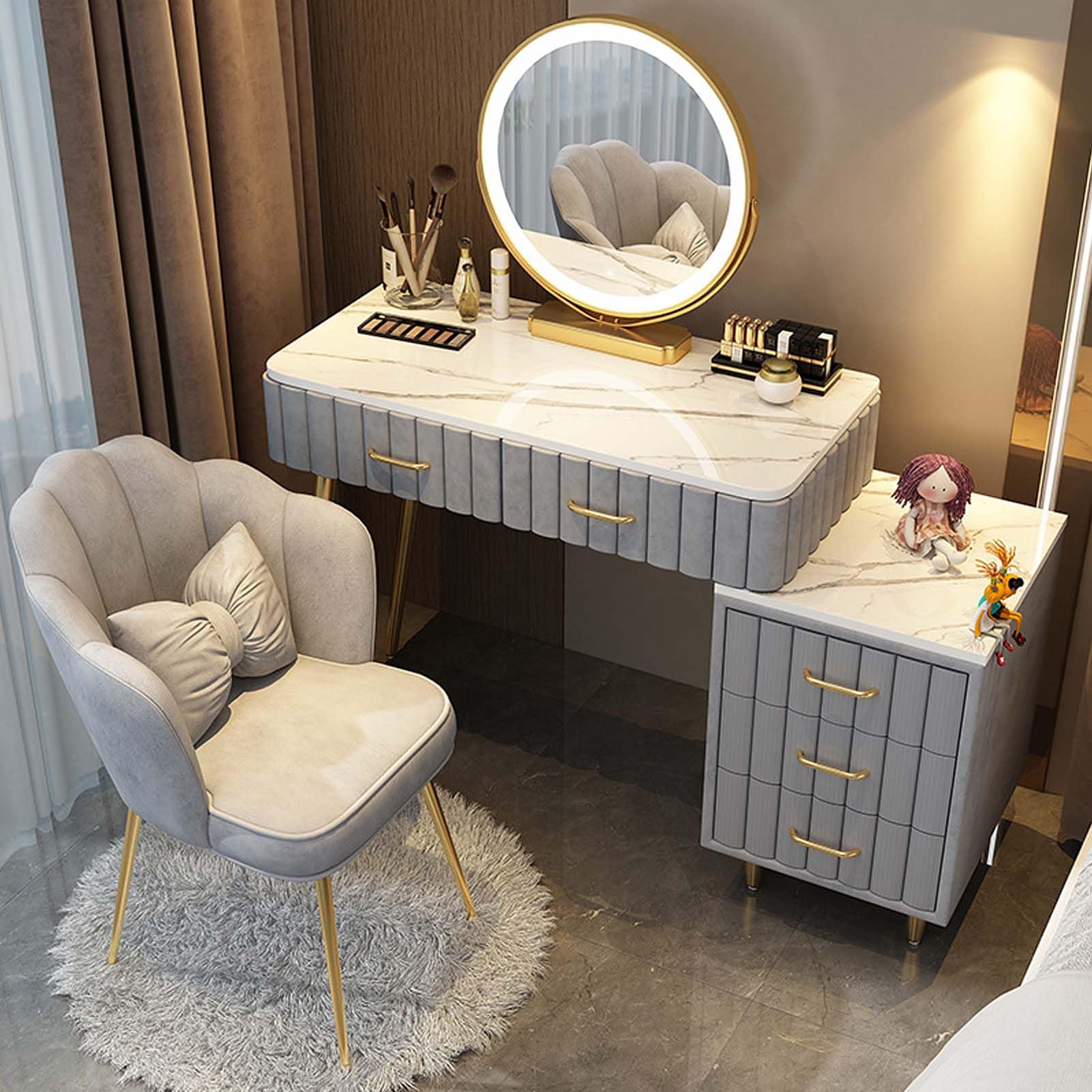 CGCSYZ LED Lighted Vanity Desk Set Makeup Table with Drawers & Metal Handles Upholstered Stool Grey 80cm Stylish Makeup Station for Bedroom & Dressing Room(Grey-100cm)