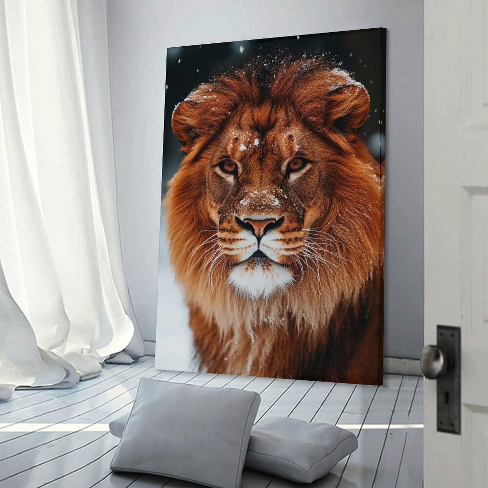 Junmoney Frame-Style-8-1 Lion Portrait In Winter Snow Canvas Art Print 12X18inch(30X45cm), For Calm Bedrooms, Home Corners Or Flats, An Easy Wall Refresh For Bedrooms