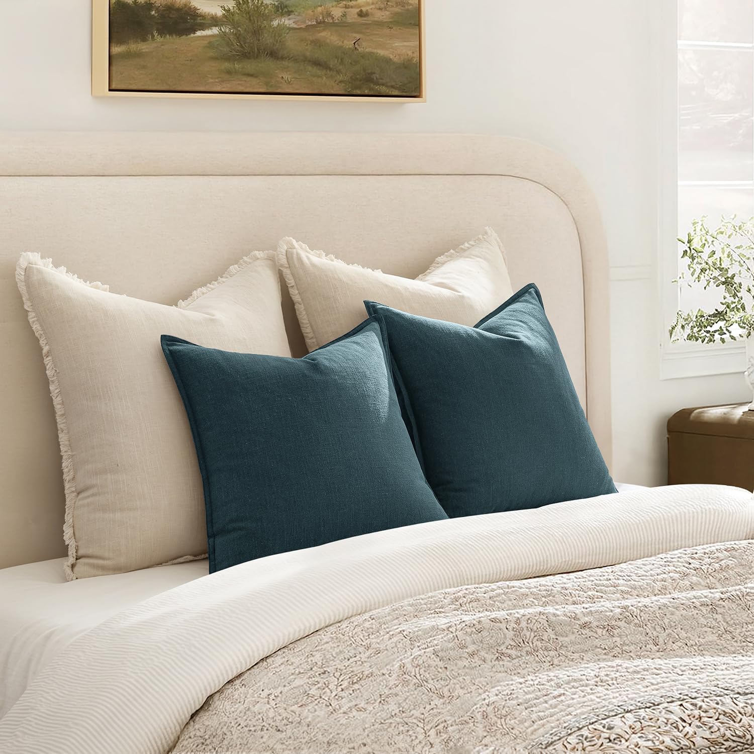 ANRODUO Pack of 2 Decorative Linen Pillow Covers Dark Blue Euro Sham Neutral Farmhouse Boho Soild Cushion Case Soft Accent Pillowcase for Couch Sofa Bedroom Living Room Home Decor 24 x 24 Inch - Image 6