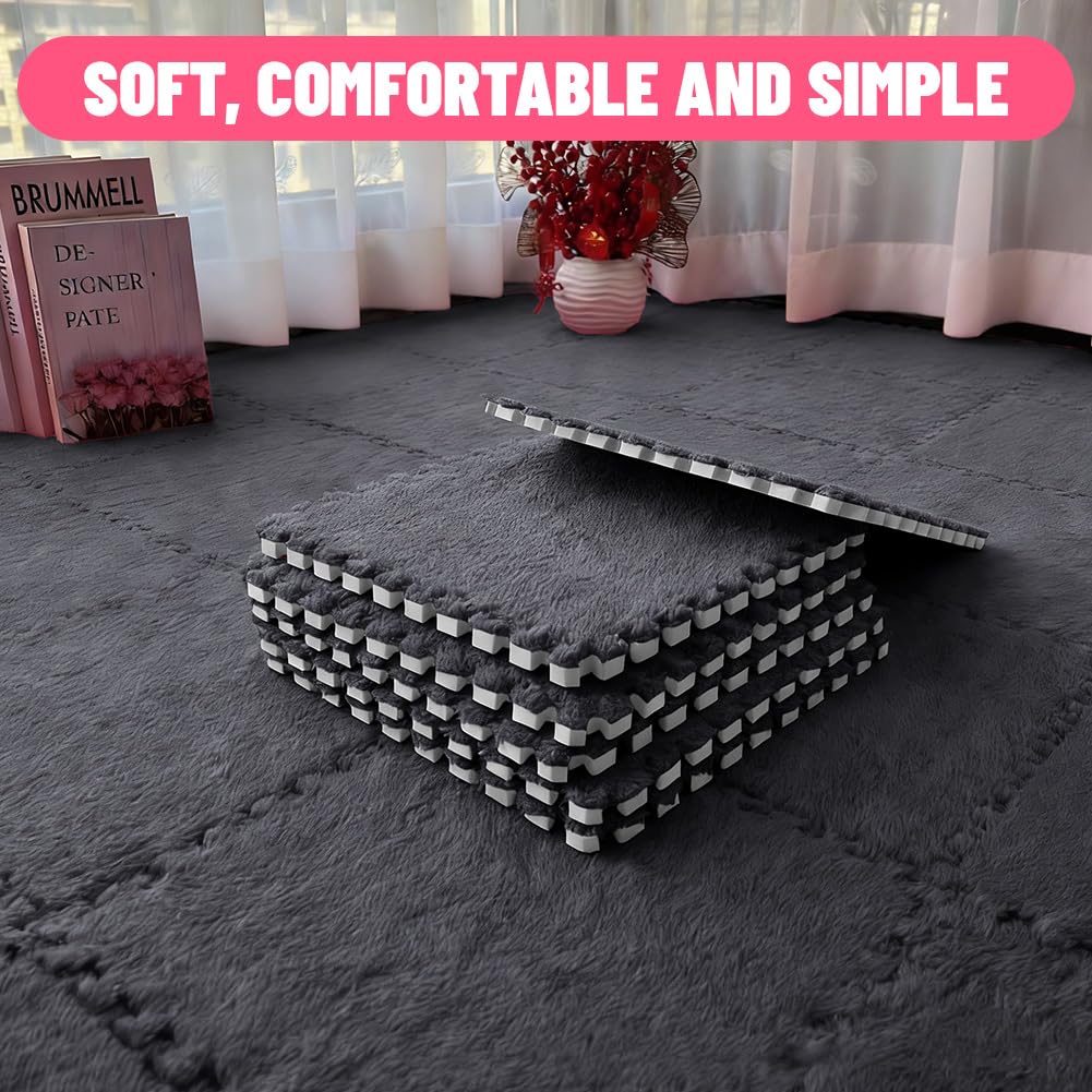 12 Stück Ineinandergreifende Plüsch-Schaumstoffmatte,Wohnzimmer-Schlafzimmer-Teppichfliesen,Teppichfliesen Bodenmatten Mit Rand,Weiche Spielmatten Puzzle Teppich 30x30x1cm (Schwarz)
