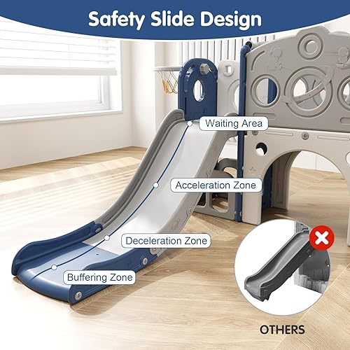 Miniatura 8 de Kinsuite Juego de toboganes 8 en 1 para niños pequeños de 1 a 3 años con aro de baloncesto, pelota, espacio de almacenamiento y telescopio, juego