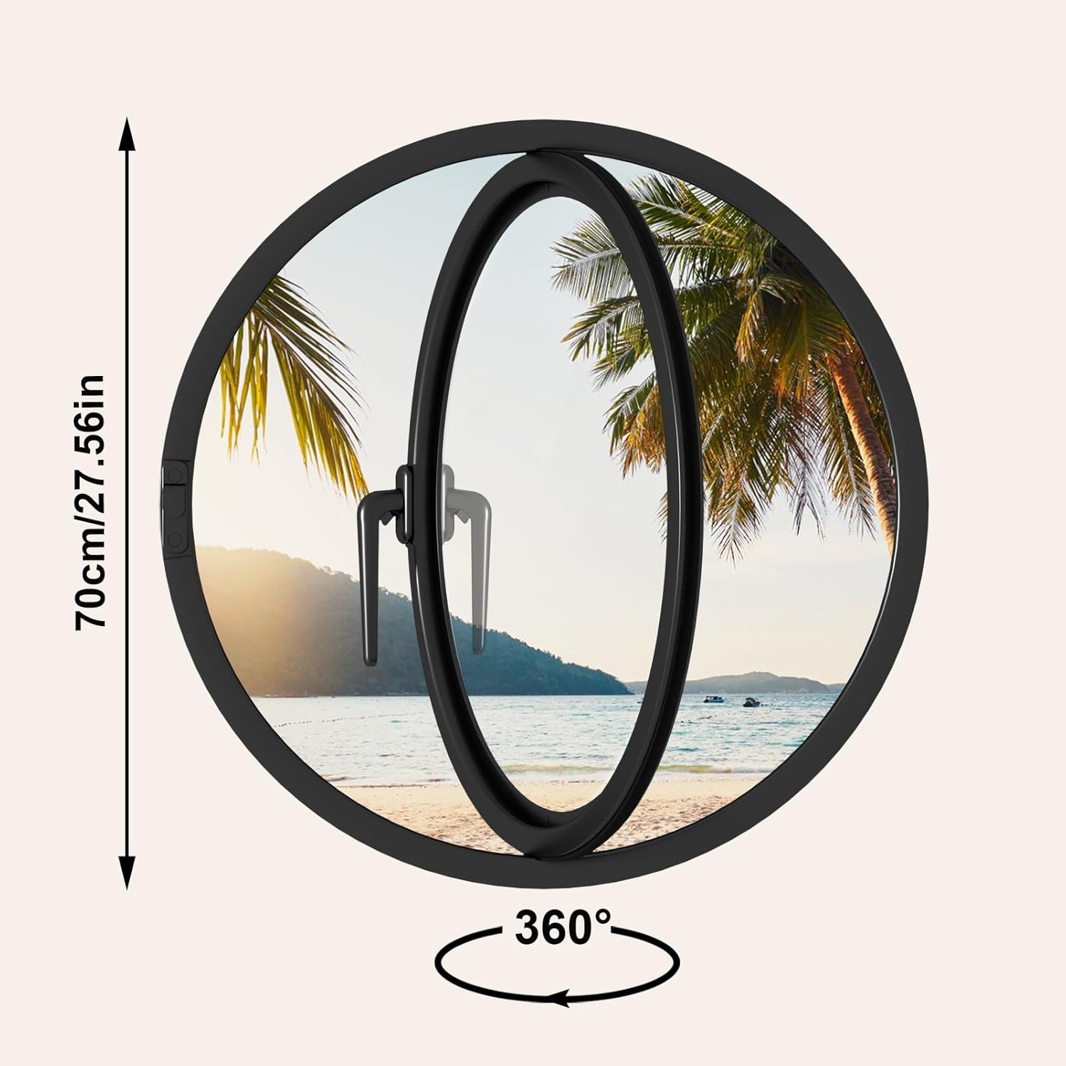 360° Rotating Round Window, 27.6" Flush Mount Tempered Glass Porthole Window, Metal Pivot Casement Window with Handle, Home Indoor Ventilation Windows Replacement for Kitchen Bedroom Living Room