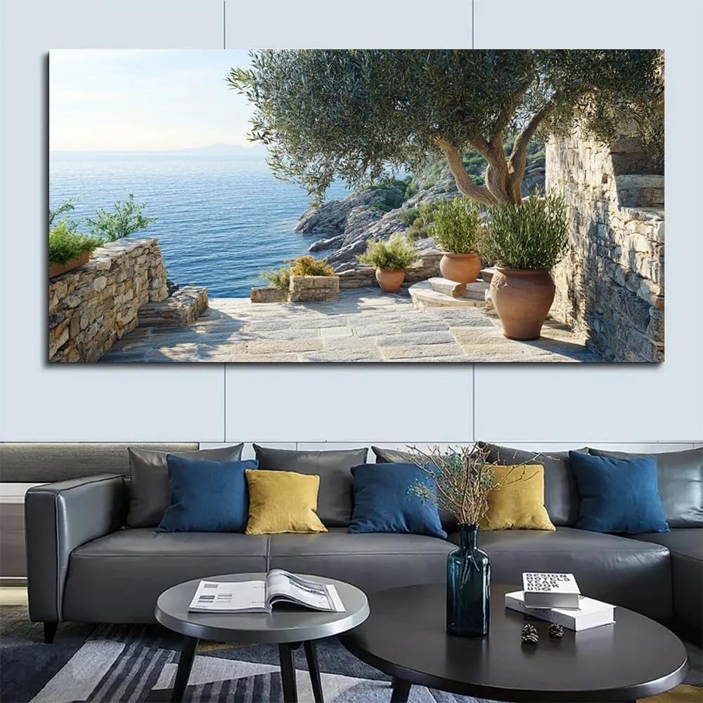 GOSRD Canvas Prints Coastal Stone With Olive Trees And Sea View Wall Art Vintage Home Office Decor(40X80cm/Frameless)