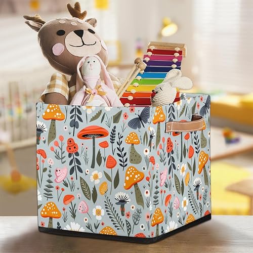 Miniatura 7 de Cesta de almacenamiento de 13 x 13 pulgadas, contenedor de almacenamiento de hongos, hojas, plantas, flores, tela de poliéster, caja de