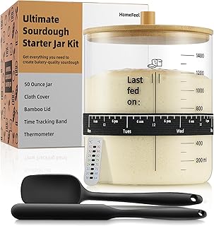 Premium Sourdough Starter Jar - 50 oz Large Glass Jar with Bamboo Lid, Cloth Cover, Date Tracker, Thermometer and Scraper, Stylish Design and Wide Mouth Starter Kit