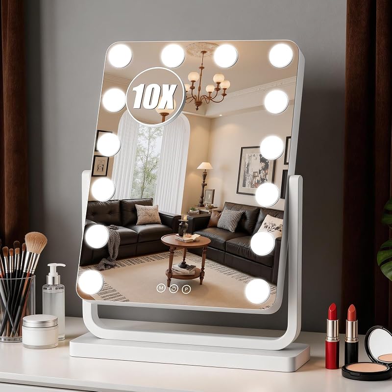 Espelho de mesa Bearolve com iluminação, 45,72 cm x 38,1 cm, 14 lâmpadas dimerizáveis, 3 modos de luz, rotação de 360° e ampliação de 10x, branco
