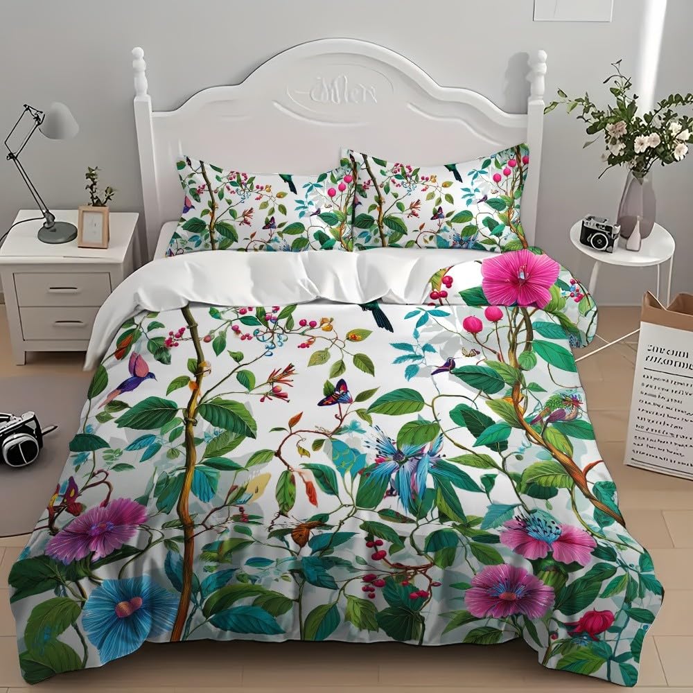 3-częściowy komplet pościeli z motywem kwiatów, motyli, kolibrów, 240 x 220 cm, poszewka na kołdrę z 2 poszewkami na poduszkę 80 x 80 cm, zielona, z mikrofibry, z zamkiem błyskawicznym, nie wymaga