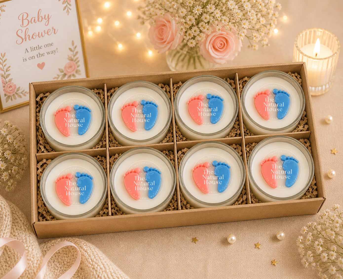 Gift/Return Favors for Baby Shower, Scented Candles of Baby Feet Design, Pink, Blue & Mix, Return Gift for Girl or Boy, Baby Announcement, Naming Ceremony, Pack of 8 with Thank You Card (Pink & Blue)