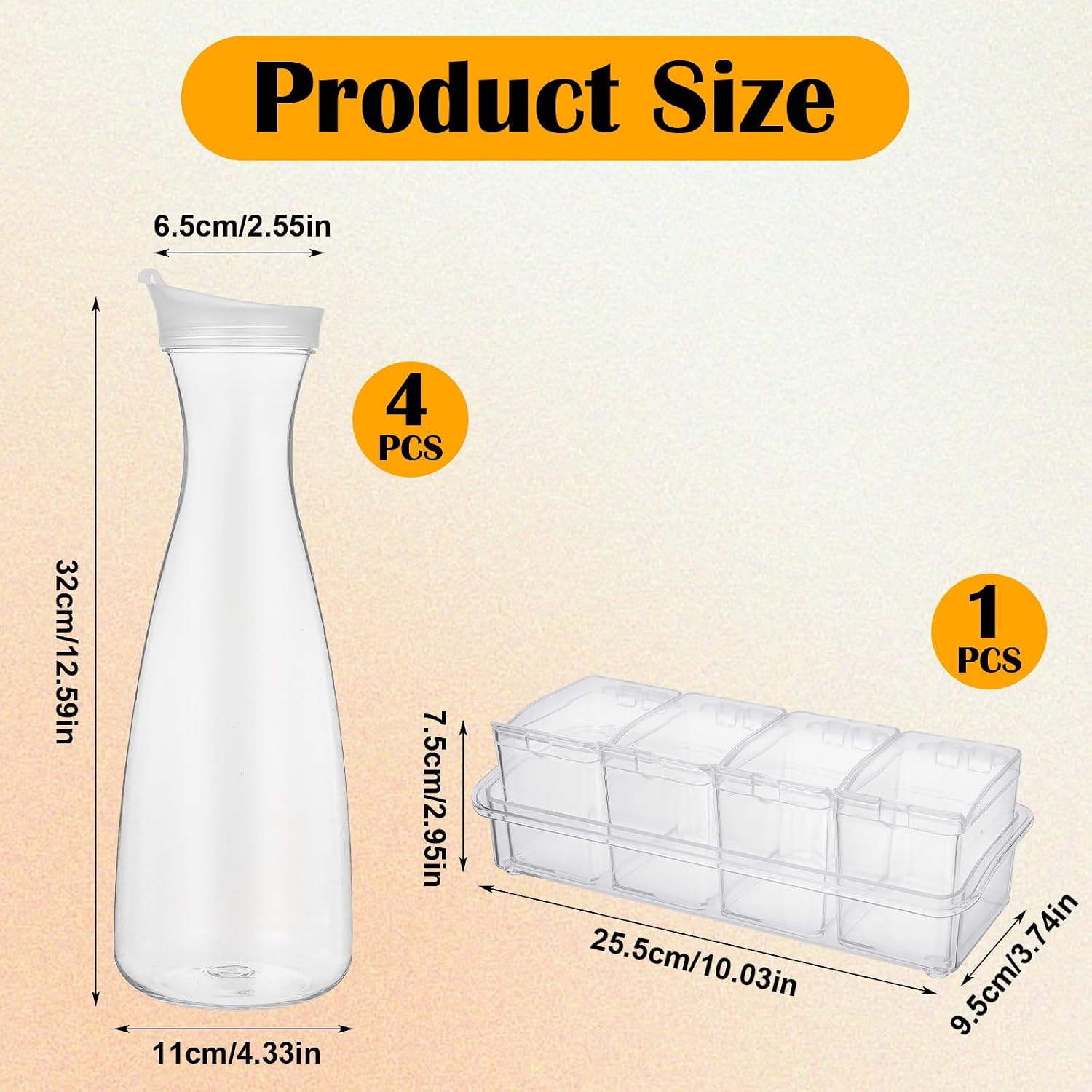 4 Pcs 54oz Plastic Carafe with Lid & 1 Seasoning Box with Lid Spoon, Round Base Juice Containers, Removable Compartments for Fruit Garnish Tray Mimosa Bar Supplies