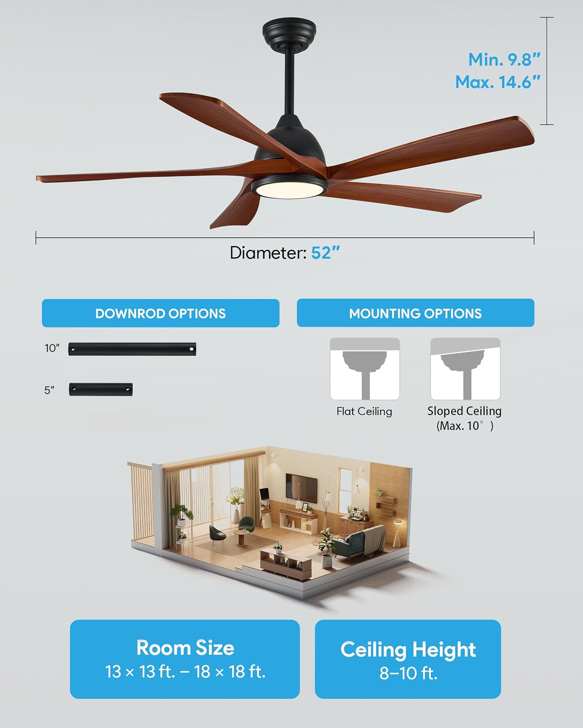 VONLUCE Wood Ceiling Fan with Lights, 52'' Ceiling Fan and Remote, 6 Speed Reversible Noiseless DC Motor, Stepless Dimming, 5 Blades Ceiling Fan for Patios Farmhouse, Black Walnut